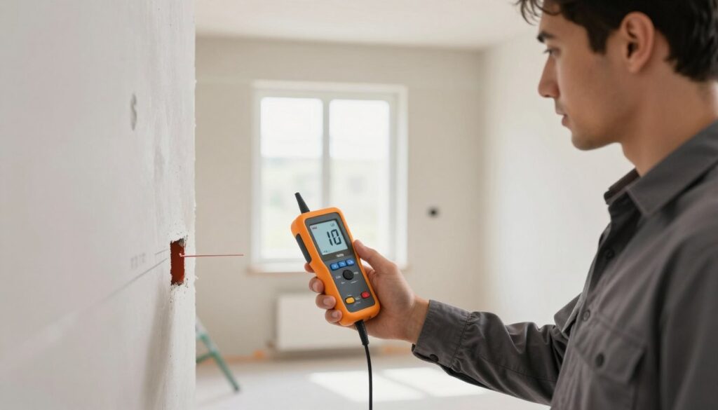 A professional technician conducting a moisture measurement in a newly built home, using a digital moisture meter. In the foreground, the technician, dressed in smart casual attire, is focused on the moisture meter, holding it against a wall with visible markings for precise measurement. The middle ground showcases the interior of the room, with freshly painted walls and minimal furnishings, indicating a new construction environment. The background features a window letting in soft natural light, creating a warm and inviting atmosphere. The image should have a clear and well-lit composition with a slightly shallow depth of field to emphasize the technician and the moisture meter while maintaining the context of a modern home setting. A professional technician conducting a moisture measurement in a newly built home, using a digital moisture meter. In the foreground, the technician, dressed in smart casual attire, is focused on the moisture meter, holding it against a wall with visible markings for precise measurement. The middle ground showcases the interior of the room, with freshly painted walls and minimal furnishings, indicating a new construction environment. The background features a window letting in soft natural light, creating a warm and inviting atmosphere. The image should have a clear and well-lit composition with a slightly shallow depth of field to emphasize the technician and the moisture meter while maintaining the context of a modern home setting.