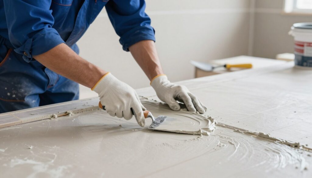 A professional tradesperson wearing a solid-colored work shirt and protective gloves is meticulously applying a smooth layer of plastering compound onto a drywall joint with a wide putty knife. In the foreground, the focus is on the textured compound, showcasing its creamy, light gray consistency reflecting the soft overhead lighting. The skilled worker's concentration is evident as they ensure a seamless finish, emphasizing the importance of technique. In the middle ground, neatly taped drywall panels are visible, highlighting the critical integration of joints. The background shows a well-lit room with soft shadows, hinting at construction tools like a trowel and bucket, creating an organized and professional atmosphere. The image conveys diligence and precision, capturing the essence of applying plaster for flawless drywall seams.