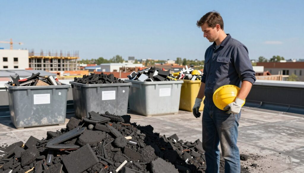 A professional waste management worker in modest casual clothing, standing on a rooftop beside a pile of used bituminous materials, such as asphalt shingles and roofing felt. In the foreground, the worker is holding a safety helmet and wearing gloves, demonstrating proper safety measures. The middle ground features an organized area with containers designated for different types of waste, including one labeled for bituminous waste. In the background, a construction site is visible, showcasing a clear blue sky and distant buildings under renovation. The lighting is bright and clear, highlighting the careful process of waste disposal. The atmosphere is efficient and focused, emphasizing professionalism in waste management practices.