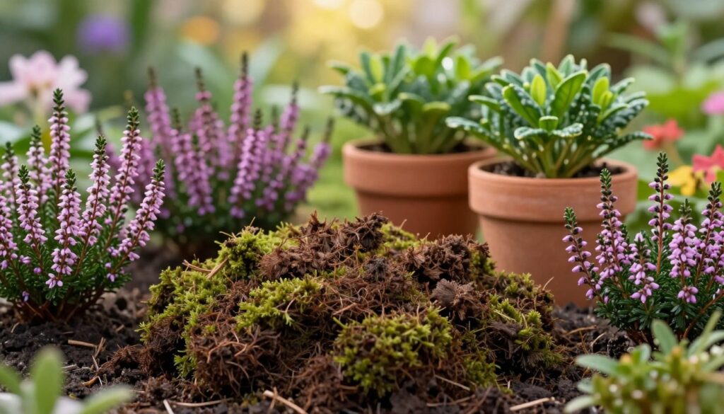 A rich, dark pile of acidic peat moss sits prominently in the foreground, showcasing its texture with small clumps and earthy tones of dark brown and deep green. Surrounding the peat, various acid-loving plants like heather and azaleas are delicately arranged, their vibrant colors contrasting against the rich substrate. In the middle ground, a couple of terracotta pots display healthy, lush green plant leaves to emphasize how the acidic environment benefits them. The background features a soft-focus garden setting with gentle sunlight filtering through leaves, creating a warm, inviting atmosphere. The overall mood evokes a sense of nurturing and growth, perfect for gardening enthusiasts. The scene is captured with a shallow depth of field, highlighting the intricate details of the peat and the beauty of the plants. A rich, dark pile of acidic peat moss sits prominently in the foreground, showcasing its texture with small clumps and earthy tones of dark brown and deep green. Surrounding the peat, various acid-loving plants like heather and azaleas are delicately arranged, their vibrant colors contrasting against the rich substrate. In the middle ground, a couple of terracotta pots display healthy, lush green plant leaves to emphasize how the acidic environment benefits them. The background features a soft-focus garden setting with gentle sunlight filtering through leaves, creating a warm, inviting atmosphere. The overall mood evokes a sense of nurturing and growth, perfect for gardening enthusiasts. The scene is captured with a shallow depth of field, highlighting the intricate details of the peat and the beauty of the plants.
