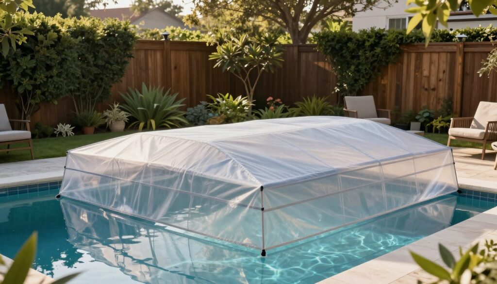 A serene backyard scene featuring an elegant swimming pool covered with a stylish, semi-transparent pool cover that offers privacy and protection. In the foreground, the gleaming surface of the pool can be seen through the cover, reflecting the surrounding greenery. In the middle ground, lush garden plants and carefully arranged outdoor furniture create an inviting atmosphere. The background showcases a wooden fence that further enhances privacy, with tall hedges flanking the area for added security. Soft, warm sunlight filters through the trees, casting gentle shadows across the space, creating a tranquil mood. The angle is slightly elevated, providing a comprehensive view of the pool area, emphasizing its serene setting and effectiveness in maintaining privacy. A serene backyard scene featuring an elegant swimming pool covered with a stylish, semi-transparent pool cover that offers privacy and protection. In the foreground, the gleaming surface of the pool can be seen through the cover, reflecting the surrounding greenery. In the middle ground, lush garden plants and carefully arranged outdoor furniture create an inviting atmosphere. The background showcases a wooden fence that further enhances privacy, with tall hedges flanking the area for added security. Soft, warm sunlight filters through the trees, casting gentle shadows across the space, creating a tranquil mood. The angle is slightly elevated, providing a comprehensive view of the pool area, emphasizing its serene setting and effectiveness in maintaining privacy.