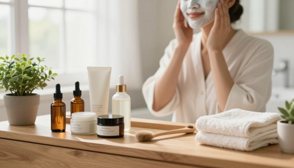 A serene bathroom setting focused on skincare, highlighting a variety of natural skincare products and tools. In the foreground, a stylish wooden vanity with neatly arranged jars of creams, serums, and essential oils, accompanied by a soft, fluffy towel and a small potted plant for a touch of greenery. In the middle, a person applying a face mask, wearing a clean, modest outfit, with a gentle smile reflecting relaxation and self-care. The background features soft, diffused natural light streaming through the window, creating a warm and inviting atmosphere. The mood is calm and rejuvenating, emphasizing a daily skincare routine that promotes effective prevention of skin issues.