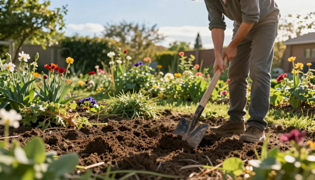 A serene garden scene depicting land preparation for gardening. In the foreground, a gardener in modest casual clothing is using a shovel to turn the soil, showcasing the effort involved in clearing the area. In the middle ground, patches of freshly turned earth and small piles of weeds and debris can be seen. Lush greenery surrounds the area, with vibrant flowers beginning to bloom, indicating a transformation. The background features a clear blue sky with a warm, golden sunlight filtering through trees, casting gentle shadows on the ground. The atmosphere conveys a sense of peaceful diligence, highlighting the importance of land clearing before planting. Use soft focus to enhance the tranquil mood, with a slight depth of field to draw attention to the gardener's activity.