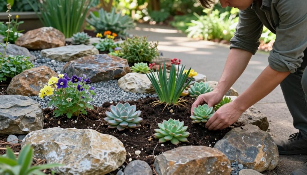 A serene garden scene featuring a variety of rock plants and perennials being carefully planted in a well-prepared rockery. In the foreground, a gardener in modest casual clothing gently places vibrant succulents and flowering plants amongst smooth stones, showcasing attention to detail. The middle ground reveals a thoughtfully designed rocky terrain, with different layers of soil and gravel highlighting the textures. The background features a lush garden, with soft sunlight filtering through trees, casting delicate shadows on the ground. The mood is calm and focused, evoking a sense of nurturing nature. The angle captures a slightly elevated perspective, emphasizing the beautiful arrangement of plants in the rocky landscape. A serene garden scene featuring a variety of rock plants and perennials being carefully planted in a well-prepared rockery. In the foreground, a gardener in modest casual clothing gently places vibrant succulents and flowering plants amongst smooth stones, showcasing attention to detail. The middle ground reveals a thoughtfully designed rocky terrain, with different layers of soil and gravel highlighting the textures. The background features a lush garden, with soft sunlight filtering through trees, casting delicate shadows on the ground. The mood is calm and focused, evoking a sense of nurturing nature. The angle captures a slightly elevated perspective, emphasizing the beautiful arrangement of plants in the rocky landscape.