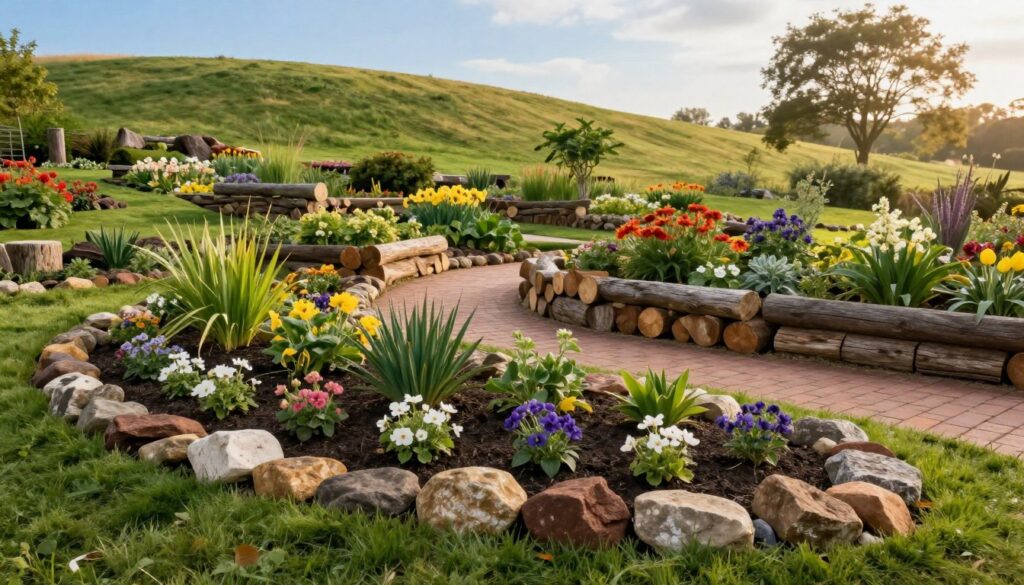 A serene garden scene featuring natural garden borders made from an assortment of materials such as stone, wood, and brick. In the foreground, display a beautifully arranged flower bed bordered with rustic stones, gently curving to create an organic feel. In the middle ground, showcase wooden logs intricately stacked to outline the path leading to lush greenery and vibrant flowering plants. The background should include gentle hills covered in soft grass, with a clear blue sky overhead and warm, diffused sunlight casting a soft glow, creating an inviting and peaceful atmosphere. Capture the scene with a slightly elevated perspective to emphasize the layers of natural materials and the harmony of nature.