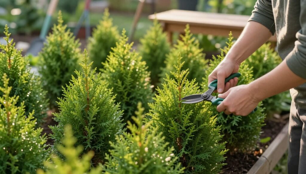 A serene garden setting during the early morning light, showcasing freshly pruned Thuja Brabant plants ready for their first cutting. In the foreground, a gardener, dressed in modest, casual clothing, inspects the plants, holding a pair of pruning shears. The lush green foliage is well-defined, indicating healthy growth and density. In the middle ground, rows of vibrant Thuja Brabant greenery create a textured backdrop, showcasing the natural beauty of the plants. The background features softly blurred garden tools and a wooden potting bench, enhancing the atmosphere of a skilled and meticulous preparation process. The warm sunlight casts gentle shadows, enriching the mood of diligence and care in garden maintenance, with an overall feeling of freshness and growth.
