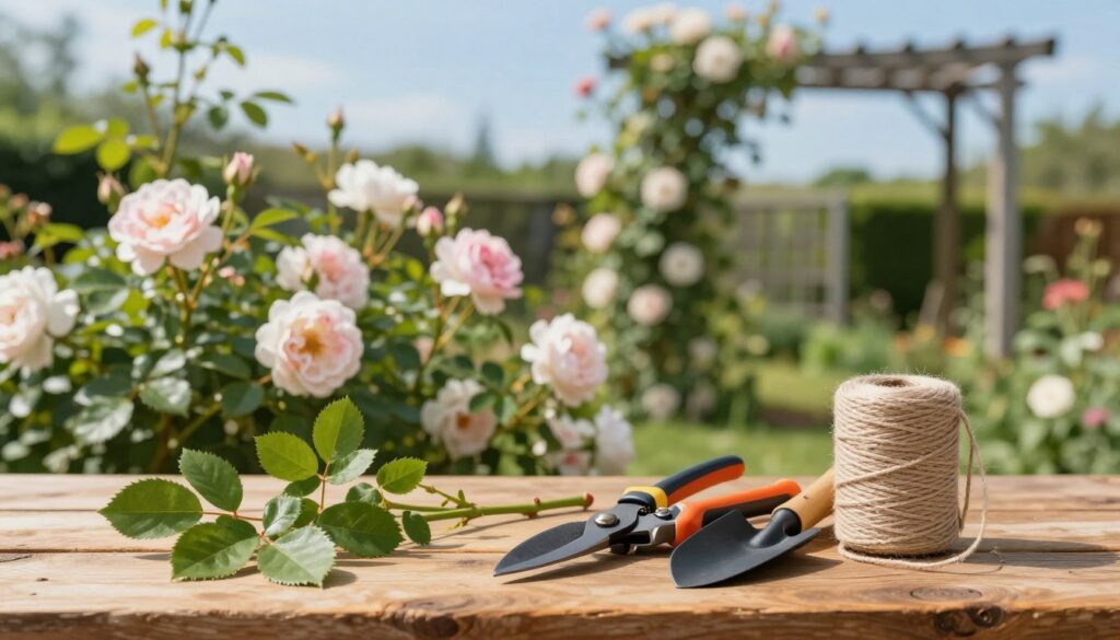 A serene garden setting featuring essential pruning tools for climbing roses, including high-quality pruning shears, a small hand trowel, and a roll of garden twine. In the foreground, place these tools on a rustic wooden garden table, with a few freshly cut rose stems beside them, showcasing vibrant green leaves and buds. In the middle ground, soft-focus climbing rose bushes bloom beautifully against a backdrop of a wooden trellis. The background reveals a clear blue sky and soft, dappled sunlight filtering through the leaves, creating an inviting atmosphere. The composition should be well-lit, with natural light accentuating the colors and textures of the tools and flowers, evoking a sense of calm and readiness for gardening. A serene garden setting featuring essential pruning tools for climbing roses, including high-quality pruning shears, a small hand trowel, and a roll of garden twine. In the foreground, place these tools on a rustic wooden garden table, with a few freshly cut rose stems beside them, showcasing vibrant green leaves and buds. In the middle ground, soft-focus climbing rose bushes bloom beautifully against a backdrop of a wooden trellis. The background reveals a clear blue sky and soft, dappled sunlight filtering through the leaves, creating an inviting atmosphere. The composition should be well-lit, with natural light accentuating the colors and textures of the tools and flowers, evoking a sense of calm and readiness for gardening.