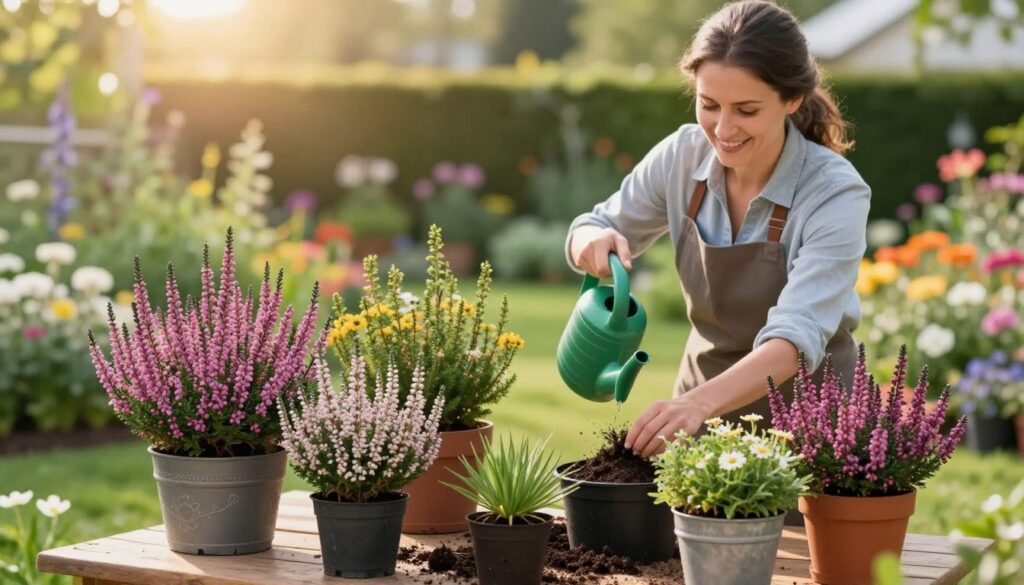 A serene garden setting focusing on healthy, vibrant heaths (wrzosy) after they have been purchased. In the foreground, showcase a variety of colorful heath plants in decorative pots, demonstrating proper care techniques such as pruning, watering, and adjusting soil. The middle ground features a knowledgeable gardener, a woman wearing modest gardening attire, gently watering the plants with a cheerful expression. The background includes a lush garden with blooming flowers and soft, diffused sunlight filtering through the leaves, creating a warm and inviting atmosphere. Use a shallow depth of field to emphasize the plants in the foreground, while the garden blurs softly behind. The overall mood is peaceful and nurturing, embodying the essence of plant care and gardening joy.