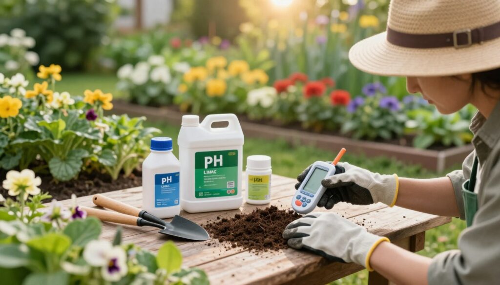 A serene garden setting, with a focus on soil pH regulation for optimal plant growth. In the foreground, a gardener wearing a sun hat and gloves carefully tests the soil pH using a pH meter, surrounded by vibrant green plants and colorful flowers. In the middle ground, an assortment of gardening tools and organic fertilizers, such as lime and sulfur, are neatly arranged on a rustic wooden table. The background features lush garden beds basking in gentle sunlight, enhancing the vibrant colors of the plants. The mood is calm and educational, with soft, warm lighting that creates a welcoming atmosphere, inviting viewers to explore the importance of soil pH for healthy plant growth.