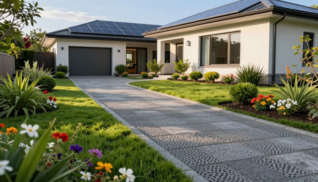A serene green driveway leading up to a modern house, showcasing eco-friendly materials. In the foreground, lush grass borders the path, complemented by vibrant flowers in an array of colors. The middle features a neatly paved driveway made of permeable stones, allowing water to filter through, surrounded by small shrubs and ornamental plants. In the background, the house stands harmoniously with large windows and solar panels, blending into the landscape. Soft afternoon sunlight casts gentle shadows, enhancing the textures of the greenery. The atmosphere is tranquil and inviting, under a clear blue sky. The angle should capture the length of the driveway, illustrating its aesthetic and practical design.
