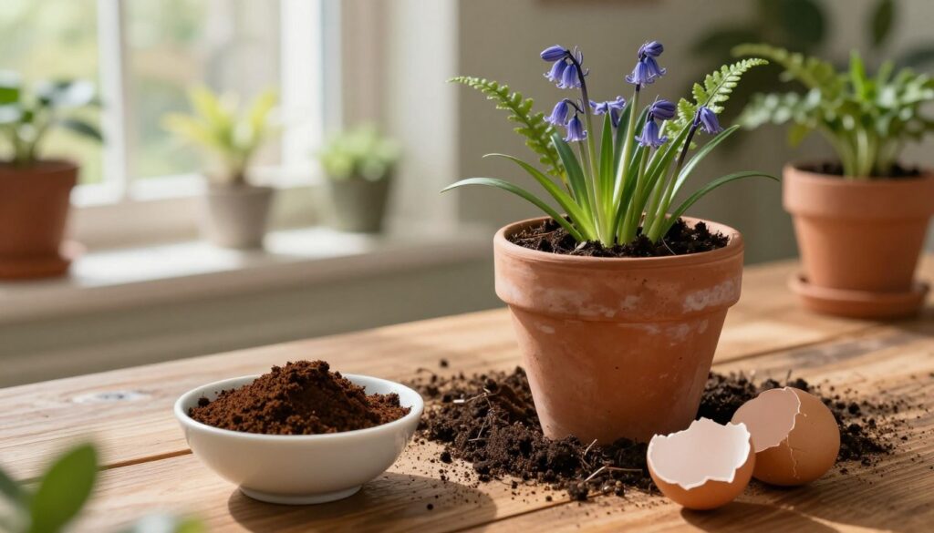 A serene indoor garden scene featuring a wooden table with various household items used for acidifying soil. In the foreground, close-up, include a small bowl of coffee grounds and another containing crushed eggshells, symbolizing natural amendments. In the middle ground, display a terracotta pot with green, healthy acid-loving plants like bluebells and ferns, thriving in dark, enriched soil. The background should show a sunlit window with plants growing in the sunlight, creating a warm and inviting atmosphere. Soft lighting illuminates the scene, enhancing the colors of the plants and the earthy texture of the soil. The overall mood should evoke a sense of tranquility and nurturing, emphasizing the joy of gardening. A serene indoor garden scene featuring a wooden table with various household items used for acidifying soil. In the foreground, close-up, include a small bowl of coffee grounds and another containing crushed eggshells, symbolizing natural amendments. In the middle ground, display a terracotta pot with green, healthy acid-loving plants like bluebells and ferns, thriving in dark, enriched soil. The background should show a sunlit window with plants growing in the sunlight, creating a warm and inviting atmosphere. Soft lighting illuminates the scene, enhancing the colors of the plants and the earthy texture of the soil. The overall mood should evoke a sense of tranquility and nurturing, emphasizing the joy of gardening.