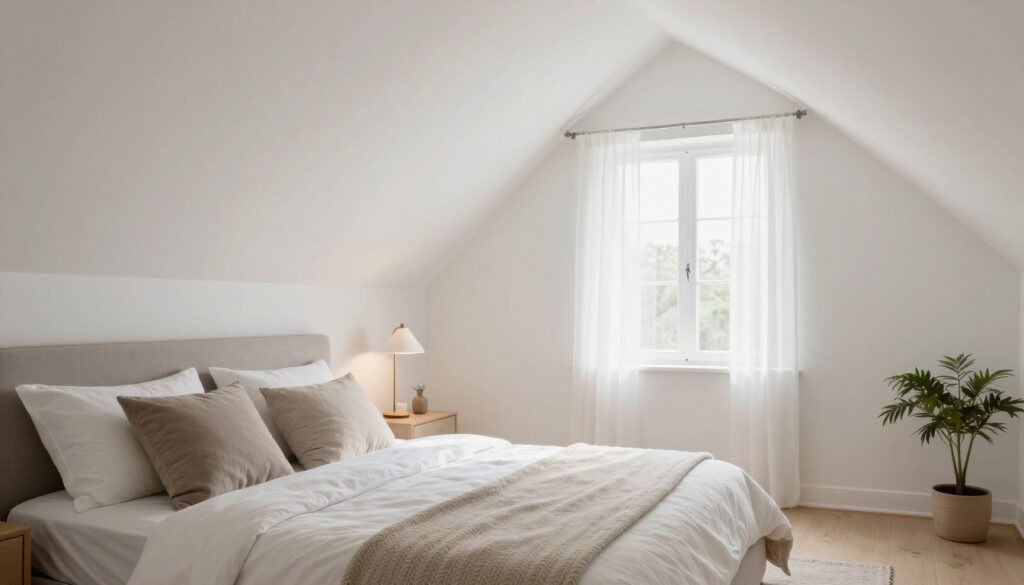 A serene, inviting bedroom featuring sloped ceilings (skosy) painted in pristine white, enhancing the room's spaciousness and proportions. In the foreground, a spacious bed with neatly arranged pillows and a textured throw adds warmth. The middle ground showcases a minimalist bedside table with a stylish lamp casting soft light, and a few decorative elements like a potted plant. The background reveals elegant white walls meeting the ceiling, with ample natural light streaming through a large window draped in sheer curtains. The overall atmosphere is calm and peaceful, perfect for relaxation. The angle should capture the room's layout, emphasizing the airy feel created by the white paint. Bright, soft lighting highlights the colors and textures, evoking a cozy yet modern ambiance.