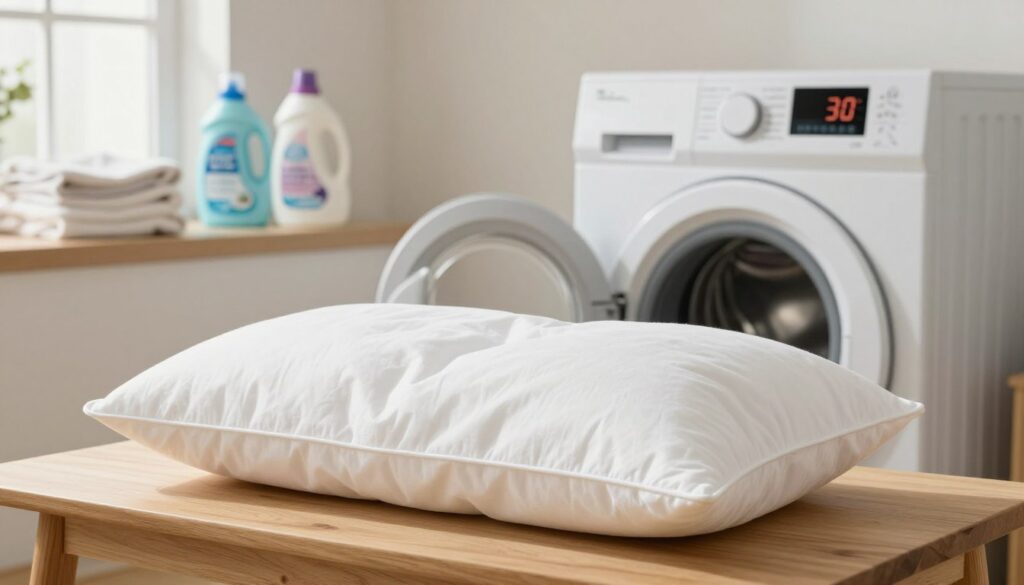 A serene laundry room scene featuring a washing machine with a digital display showing the optimal washing temperature for synthetic pillows, set to 30°C. In the foreground, a pair of clean, fluffy synthetic pillows rest on a wooden table, conveying freshness and fluffiness. The middle ground includes neatly arranged laundry supplies, such as detergent and fabric softener. In the background, soft, natural light filters through a window, casting gentle shadows and highlighting the cleanliness of the space. The atmosphere is calm and inviting, with a focus on maintaining the durability and freshness of synthetic pillow fillings. A warm color palette adds to the homey feel of the scene, emphasizing proper care and maintenance.