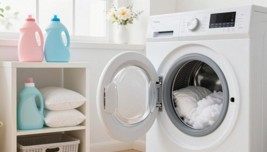A serene laundry room showcasing the process of washing synthetic pillows. In the foreground, a pristine, white washing machine with a clear glass door reveals the fluffy, synthetic pillows inside, gently agitating in soapy water. The middle ground features a neatly organized shelf with laundry essentials like detergent and fabric softener in pastel colors. In the background, a bright window allows soft, natural light to flood the room, creating a warm and inviting atmosphere. A subtle hint of fresh linen is suggested by decorative flower arrangements on the windowsill. The overall mood is clean, fresh, and homey, emphasizing the simplicity and care involved in maintaining synthetic pillows.