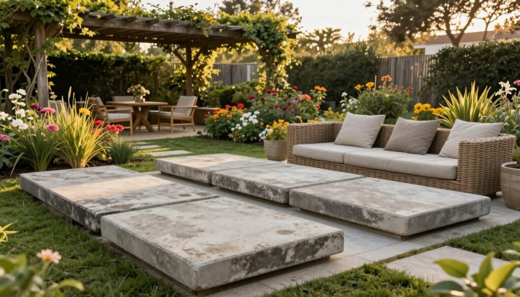 A serene outdoor relaxation area featuring old concrete slabs ("płyty chodnikowe") arranged creatively to form a stylish patio. In the foreground, well-worn, textured slabs are set neatly to create a cozy seating space with plush cushions and natural wicker furniture. The middle ground showcases a vibrant garden with colorful flowering plants and lush green grass surrounding the patio. In the background, a wooden pergola partially covered with climbing vines provides shade, creating an inviting atmosphere. The lighting is warm and golden, suggesting a late afternoon sun. The scene is captured from a slightly elevated angle, offering a comprehensive view of the arrangement, emphasizing tranquility and comfort in an outdoor retreat. The mood is relaxed and harmonious, perfect for leisure.