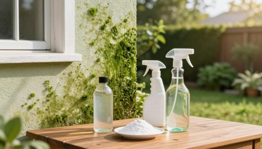 A serene outdoor scene illustrating home remedies for combating algae on a building's facade. In the foreground, display various natural cleaning solutions like vinegar, baking soda, and a spray bottle, arranged neatly on a wooden table. In the middle ground, depict a partially visible house wall affected by green algae, with one side showing before treatment and the other side visibly cleaner after application. In the background, include a lush garden with healthy plants, symbolizing a clean environment. The lighting is soft and warm, suggesting a late afternoon sun, casting gentle shadows. The overall atmosphere conveys hope and efficiency, inviting the viewer to explore eco-friendly solutions for home maintenance.