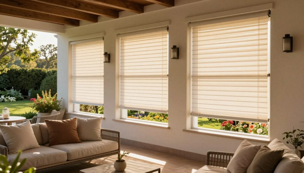 A serene outdoor terrace scene showcasing stylish roller shutters and plantation shutters for sun protection. In the foreground, a beautifully furnished terrace with comfortable lounge furniture, including plush cushions and a small table. The middle ground features the elegant roller shutters partially closed, filtering soft sunlight while maintaining an airy atmosphere. In the background, a lush garden with green trees and vibrant flowers adds depth. The scene is bathed in warm, golden afternoon light, casting gentle shadows on the terrace. The mood is relaxed and inviting, perfect for a cozy retreat. The angle captures the entire setup, promoting a sense of comfort and tranquility without any distractions or text.