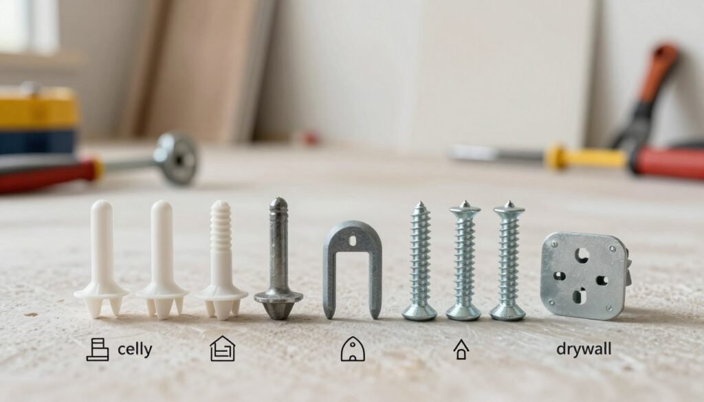 A set of various wall plugs (kołki rozporowe) displayed prominently in the foreground, showcasing different styles and sizes, such as plastic anchor plugs, metal expansion screws, and those suitable for drywall installation. Each type should be labeled clearly with minimalistic icons indicating their use case: ceiling, wall, and drywall. The middle ground features a subtle blurred background of a workshop setting, with tools and materials used in construction. Soft natural lighting illuminates the plugs, casting gentle shadows to enhance depth. The atmosphere is professional and informative, aiming to convey clarity and expertise in home improvement. The angle should be slightly elevated, allowing for a comprehensive view of the varied wall plugs against the workshop backdrop without any distractions.