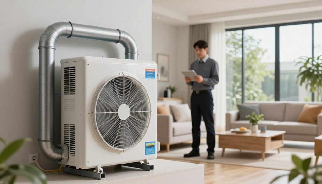 A sophisticated mechanical ventilation system with heat recovery, elegantly displayed in a modern residential setting. In the foreground, showcase an intricate network of ducts and vents, highlighting their sleek design and functionality. The middle ground features a professional technician, dressed in business attire, examining the system with a tablet in hand, emphasizing its practicality and efficiency. The background illustrates a well-lit living space with large windows, greenery visible outside, creating an inviting atmosphere. Soft, natural light filters in, accentuating the technology's modern materials. The overall mood is one of innovation and comfort, conveying the benefits of mechanical ventilation in home environments, with a focus on energy efficiency and air quality.