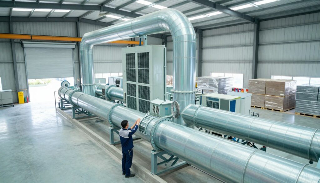 A spacious production hall with a modern ventilation system prominently featured. In the foreground, a technician in professional attire inspects a network of ducts and vents, ensuring proper airflow. In the middle, various high-efficiency air handling units are visible, integrated seamlessly into the industrial design of the space. The background showcases large warehouse doors and stacks of raw materials, emphasizing the scale of the production environment. Natural light streams through skylights, creating a bright, clean atmosphere. The overall mood is focused and industrious, highlighting the importance of effective air exchange according to technical regulations and standards. The angle is slightly elevated, allowing for a clear view of the ventilation layout against the expansive hall.