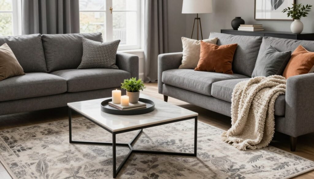 A stylish gray living room featuring a variety of textiles that add warmth and character to the space. In the foreground, a plush gray sofa adorned with colorful throw pillows and a soft, textured blanket invites cozy seating. In the middle, a chic coffee table is set with a decorative tray featuring candles, books, and a small potted plant for a touch of greenery. The background includes elegant curtains framing a large window, letting in soft natural light that highlights the rich textures of the fabrics. A contemporary area rug adds a visual anchor to the room, while subtle decorative accents maintain a harmonious balance. The atmosphere is inviting and modern, creating a sense of comfort and style.