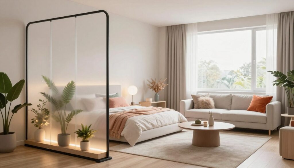 A stylish, modern bedroom-living room hybrid, showcasing innovative mobile and lightweight separating solutions. In the foreground, a sleek, translucent room divider with decorative plants and lighting elements. The middle ground features a cozy bed adorned with soft linens and fluffy pillows beside a minimalist sofa with vibrant cushions. A stylish coffee table sits in front, surrounded by inviting decor. In the background, large windows allow natural light to pour in, enhancing the open and airy atmosphere. The color palette should evoke tranquility with soft pastels and neutrals, creating a harmonious blend of functionality and aesthetics. The mood is serene and inviting, captured from a slightly elevated angle to showcase the layout and separation techniques effectively while maintaining a cohesive design.