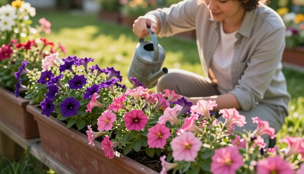 A tranquil garden scene featuring a person in modest casual clothing gently watering vibrant petunias in window boxes. In the foreground, the petunias display a range of colors, from deep purples to bright pinks, their lush foliage thriving under careful care. The middle ground captures the person kneeling beside the boxes, focused on their task, with a watering can in hand, a look of contentment on their face. The background hints at a sunlit garden with soft green grass and blooming flowers, creating a serene atmosphere. The scene is bathed in warm, golden sunlight, casting gentle shadows that enhance the natural beauty of the flowers. The angle is slightly elevated, providing a clear view of the petunias and the gardener's nurturing actions.