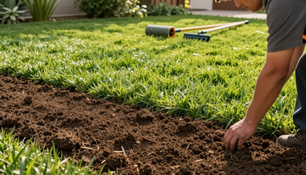 A vibrant and well-maintained lawn area, showcasing a variety of green grass types in vivid detail, with a focus on an expertly leveled soil surface beneath. In the foreground, a worker in modest landscaping attire carefully examines the soil texture, highlighting the importance of soil quality. The middle ground features a lush, uniform lawn with a slight gradient, illustrating the concept of leveling the ground. The background presents a variety of tools, such as a soil roller and a rake, arranged neatly beside the grass. The lighting is soft and natural, suggesting a late afternoon ambiance, with warm sunlight casting gentle shadows. The overall mood is professional and serene, emphasizing the meticulous care required for achieving a healthy and thriving lawn.
