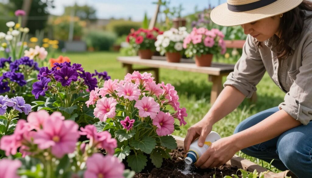 A vibrant garden scene featuring a close-up of lush, blooming surfinias in various shades of pink and purple, showcasing their delicate petals and rich green foliage. In the foreground, a gardener wearing a sun hat and modest casual clothing gently applies fertilizer to the soil around the flowers, expressing care and attention in their actions. The middle ground reveals a wooden garden bench surrounded by potted surfinias, all thriving under soft, golden sunlight. In the background, a lush green lawn and a clear blue sky create a serene atmosphere, emphasizing the beauty and vitality of the garden. The image should evoke a feeling of warmth and dedication to plant care, with a focus on nourishing these stunning flowers for abundant blooms throughout the season.