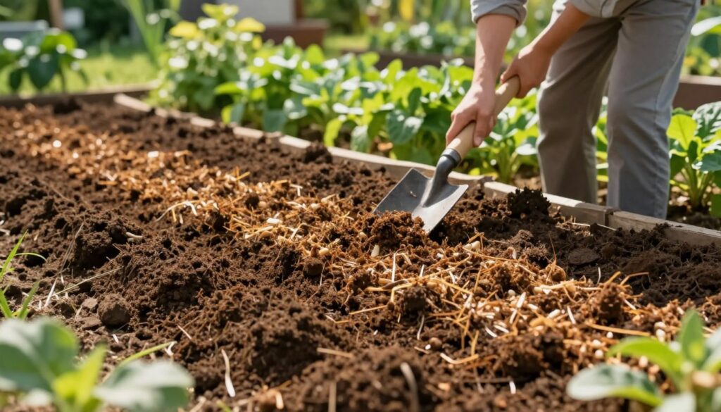 A vibrant garden scene focusing on an enriching clay soil in the foreground, showing rich brown and dark earthy tones. Delicately layered compost and organic matter are spread across the soil, indicating a process of fertilization. In the middle ground, a gardener in modest casual clothing is using a hand trowel to mix in nutrients, creating a sense of action and purpose. Behind, lush green plants are thriving, symbolizing the success of soil improvement. The sunlight bathes the scene in warm, inviting light, casting soft shadows. The angle captures a slightly elevated view, emphasizing the depth and texture of the soil, while evoking a hopeful and rejuvenating atmosphere. The image should be serene and inviting, reflecting the essence of nurturing and cultivating a garden.