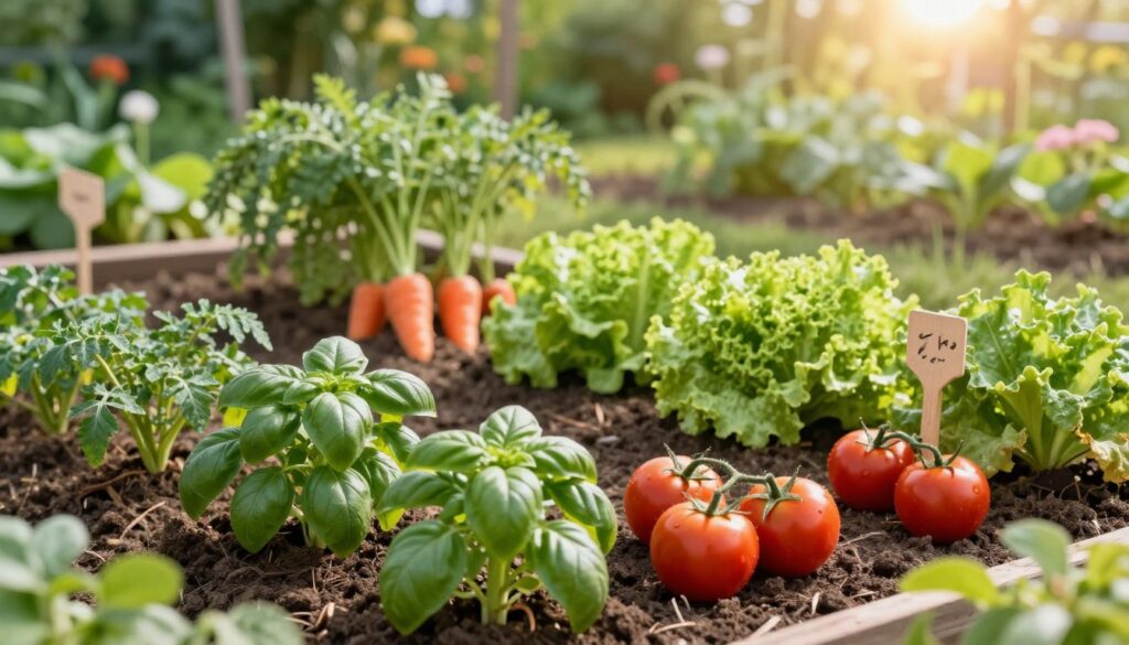 A vibrant garden scene illustrating common mistakes in vegetable pairing. In the foreground, a variety of vegetables are planted too closely together, such as tomatoes and basil, showcasing signs of stress and poor growth. In the middle ground, healthy vegetables like carrots and lettuce are spaced properly, demonstrating the contrast. The background features a soft-focus garden landscape with sunlight filtering through the leaves, creating a warm, inviting atmosphere. Use natural lighting to highlight the textures of the soil and leaves. The perspective should be slightly elevated, offering an overview of the garden layout while focusing on the key elements of vegetable compatibility. Aim for a serene and educational mood, emphasizing the importance of proper plant placement.