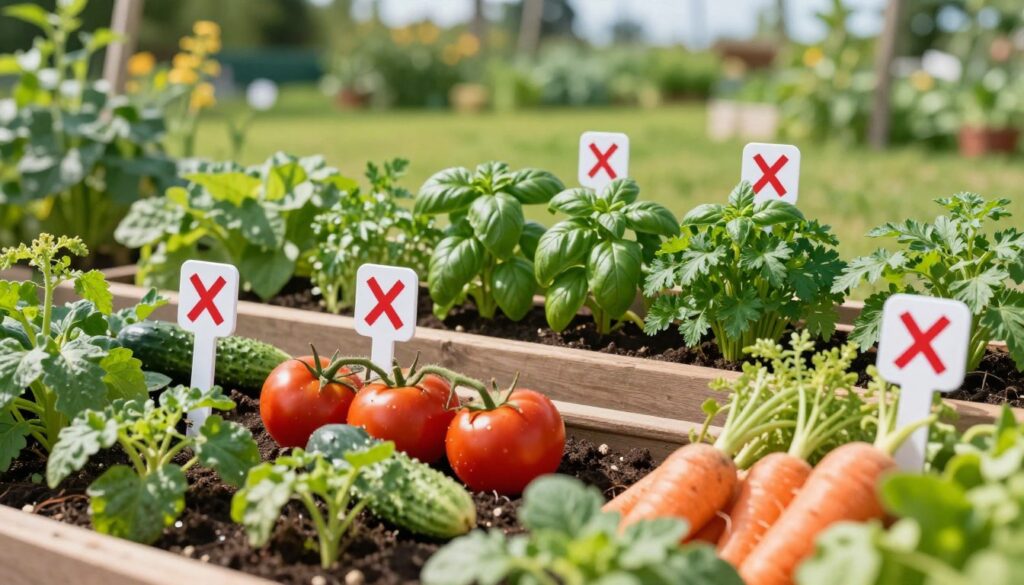 A vibrant garden scene showcasing a variety of vegetable plants that should be avoided for planting together. In the foreground, display a diverse range of plants like tomatoes, cucumbers, and carrots, with tags showing a red "X" symbol to indicate they are incompatible. In the middle ground, a neatly arranged garden bed contrasts with a few thriving herbs like basil and parsley that are well-suited neighbors. The background depicts a lush, green landscape under bright, sunny skies, creating a cheerful and informative atmosphere. Natural lighting highlights the colorful foliage, while a slight blur effect adds depth. The overall mood is educational and lively, inviting readers to learn more about plant interactions.