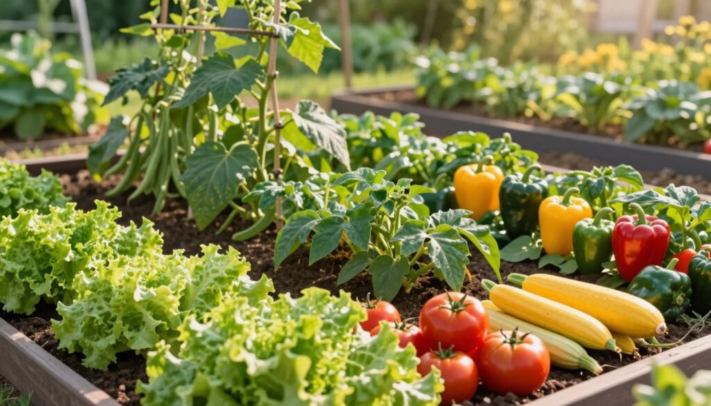 A vibrant garden scene showcasing various vegetables planted next to each other for maximum yield. In the foreground, bright green lettuce leaves and plump red tomatoes nestle beside sturdy yellow zucchinis. In the middle, flourishing green bean plants climb up a trellis, while colorful peppers in shades of green, yellow, and red add richness. The background features a soft-focus landscape of sunny soil beds and lush greenery, emphasizing the diversity of plant life. The lighting is warm and inviting, reminiscent of a sunny afternoon, casting gentle shadows that add depth. The overall atmosphere is one of abundance, harmony, and productivity, illustrating the concept of companion planting effectively.