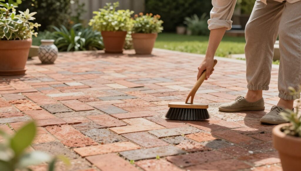 A vibrant terrace made of reclaimed brick, showcasing a well-maintained outdoor space. In the foreground, a person dressed in modest casual clothing is gently cleaning the surface with a brush, showing attention to detail. The middle ground features potted plants and subtle decorative elements, enhancing the inviting atmosphere. The background reveals a lush garden with greenery, complementing the rustic charm of the brick terrace. Soft, natural sunlight bathes the scene, casting gentle shadows and highlighting textures, with a focus on the bricks’ earthy tones. The overall mood is serene and harmonious, evoking a sense of care and nurturing for a beautiful outdoor environment.