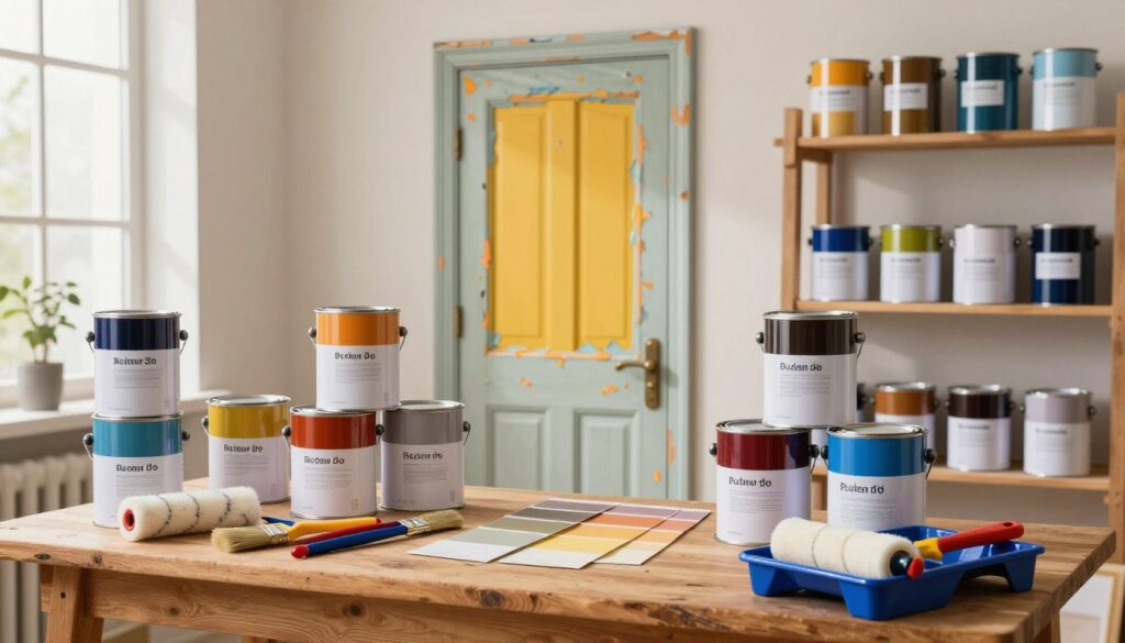 A visually engaging scene depicting a variety of paint cans labeled specifically for door renovation, showcasing an array of colors suitable for refreshing old doors. In the foreground, a wooden workbench is scattered with painting tools, including brushes, rollers, and a paint tray, all bathed in soft, diffused natural light coming from a window nearby. The middle ground features a partially restored vintage door with peeling paint, prominently displaying a swatch of the chosen vibrant color. In the background, shelves filled with neatly organized paint cans and samples stand against a lightly textured wall, creating an inviting workshop atmosphere. The overall mood conveys a sense of creativity and transformation, encouraging viewers to explore their DIY potential.