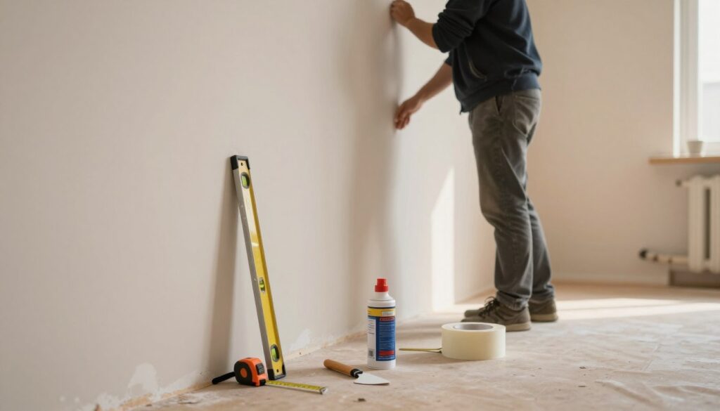 A well-lit indoor setting showcasing the preparation of a wall surface for mirror installation. In the foreground, a clean, smooth wall is being inspected, with a measuring tape and level resting against it. A can of adhesive is positioned nearby, and there's a roll of mounting tape and a small hand tool, such as a spatula. The middle ground features a person dressed in professional casual clothing, carefully examining the wall to ensure it’s even, with focused attention on details. Subtle warm lighting illuminates the space, creating a cozy atmosphere. In the background, a minimalist, uncluttered room with soft, neutral colors enhances the context of mirror installation. The overall mood conveys a sense of careful preparation and organization, ensuring safety and aesthetics.