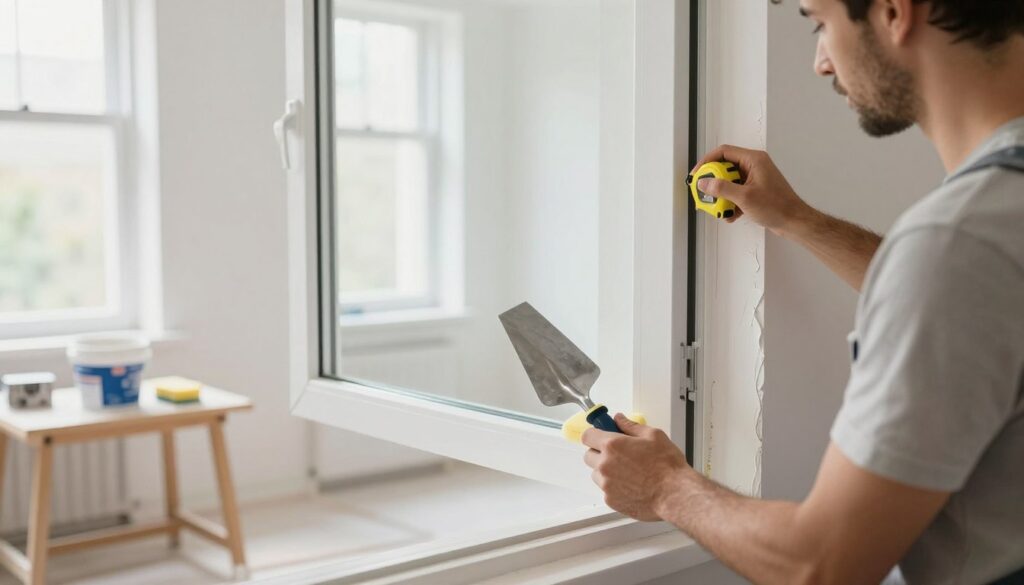 A well-lit interior scene showcasing the preparation of window reveals for plastering. In the foreground, a professional in modest casual clothing is carefully inspecting the window frame, equipped with essential tools such as a trowel, sponge, and measuring tape. The middle ground features freshly applied plaster on the edges of the window, demonstrating a smooth, even texture. The background captures a bright, airy room with soft natural light filtering through large windows, highlighting the clean, white walls and a small table with various materials like a bucket of plaster. The mood is focused and productive, emphasizing craftsmanship and attention to detail in home improvement.
