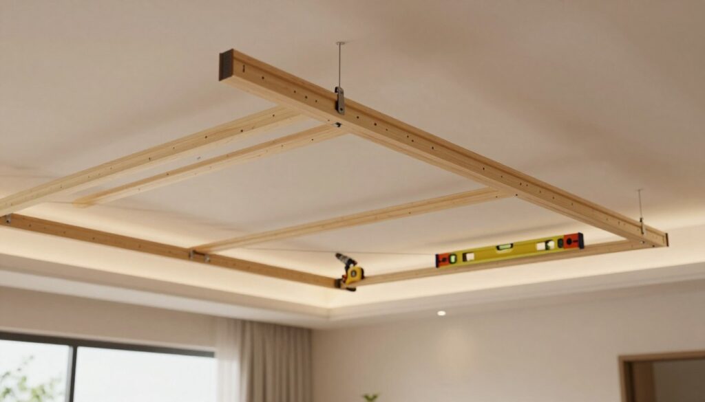 A well-lit interior space showcasing the construction of a suspended ceiling in a modern living room. In the foreground, focus on the skeletal framework made from main profiles and supporting profiles, illustrating how they interconnect. The middle ground features tools like a level, measuring tape, and a power drill neatly organized, emphasizing the DIY aspect of the project. The background should reveal a partially completed ceiling with drywall sheets ready to be installed, under warm light that creates a welcoming atmosphere. The scene conveys professionalism and craftsmanship, intended for readers interested in durable home improvements. Ensure the composition is clear and organized, with a depth of field that highlights the details of the profiles while keeping the overall space in view.