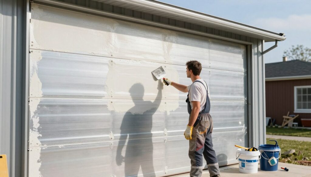 A well-lit scene depicting the process of plastering a metallic garage, emphasizing safety during the task. In the foreground, a professional wearing modest work attire is seen skillfully applying plaster to the shiny surface of the garage, using a trowel. The middle ground features various safety equipment, such as gloves and a mask, alongside buckets of plaster and tools, signaling the importance of safety protocols. The background shows a clear, sunny day, providing natural light that enhances the textures of the plaster and metallic garage, casting soft shadows. The atmosphere should convey a sense of professionalism and careful attention to safety while ensuring a durable and aesthetic finish. The composition should be stable and steady, reflecting a methodical approach to this construction task.