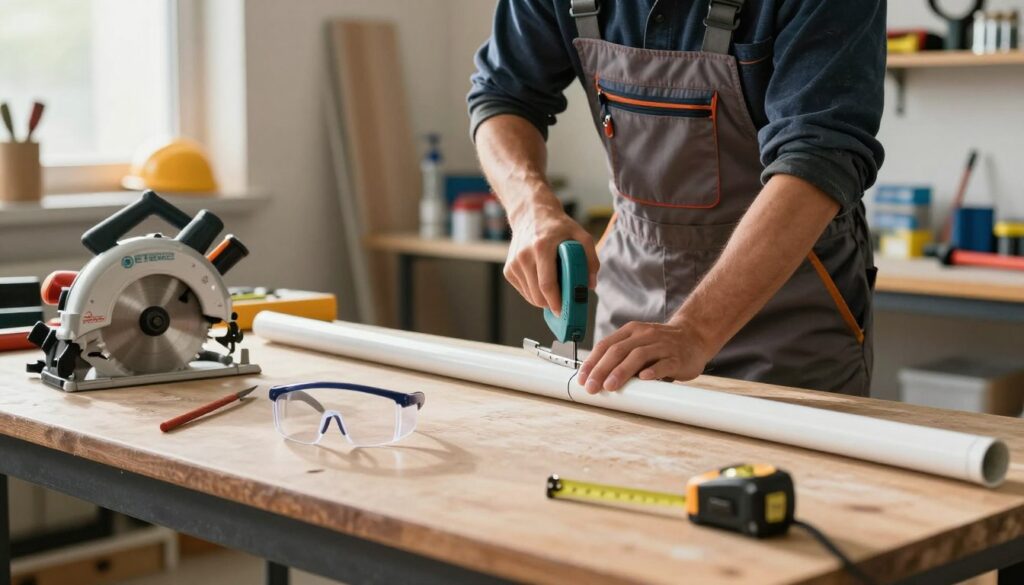 A well-lit workshop environment showcasing a person in professional work attire, carefully cutting a PVC pipe lengthwise. The foreground features a stable workbench with essential tools like a circular saw, measuring tape, and protective goggles scattered around. The middle ground highlights the person focused on their task, showcasing the precision of their technique as they guide the saw along the pipe, ensuring a clean cut. In the background, shelves filled with various plumbing supplies and tools add depth, while warm, natural light filters in through a window, creating a productive and inviting atmosphere. Emphasize the methodical approach and safety in cutting PVC pipes without causing any cracks or damage.