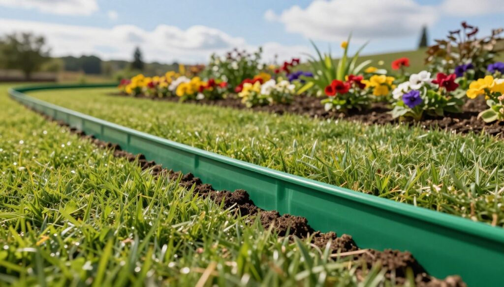 A well-maintained garden with a freshly installed plastic lawn edge in vibrant green color, showcasing a smooth, even installation. In the foreground, focus on the precise alignment of the plastic edging, with soil neatly turned up along its edge. In the middle ground, display a neatly raked flower bed with colorful blooming flowers, contrasting against the lush grass. Background elements include a clear blue sky with soft, fluffy clouds and a distant tree line creating a serene atmosphere. Use natural lighting that highlights the textures of the grass and the plastic edge, providing a warm and inviting feel. The composition should be captured from a slightly elevated angle, emphasizing the neatness of the garden layout and the innovative edging technique.
