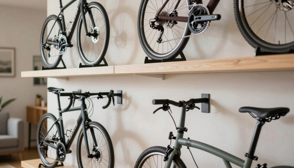 A well-organized interior space showcasing various types of bicycle wall mounts suitable for different bike styles and limited wall space. In the foreground, prominently displayed are sleek, modern bike hangers in minimalistic designs, holding a road bike, a mountain bike, and a folded commuter bike. The middle layer features a clean, stylish wall with subtle textures and colors that complement the bicycles. The background includes hints of a cozy room layout, with soft, diffused natural lighting highlighting the mounts and creating a warm atmosphere. The camera angle focuses on the mounts at a slight diagonal, emphasizing their practicality and aesthetic appeal, conveying a sense of space-saving innovation.