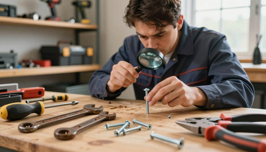 A well-organized workspace filled with an assortment of professional hand tools designed for unscrewing seized screws. In the foreground, a detailed close-up of various tools: a rusted wrench, a sturdy screwdriver, and a collection of pliers arranged neatly on a wooden workbench. The middle layer features a workman in professional attire, intensely focused, carefully examining a bolt with a magnifying glass. In the background, softly blurred shelves display more tools, including a toolbox and power tools, bathed in warm, natural light coming from a nearby window. The scene conveys a mood of dedication and professionalism, emphasizing the importance of selecting the right tools for fixing problems.