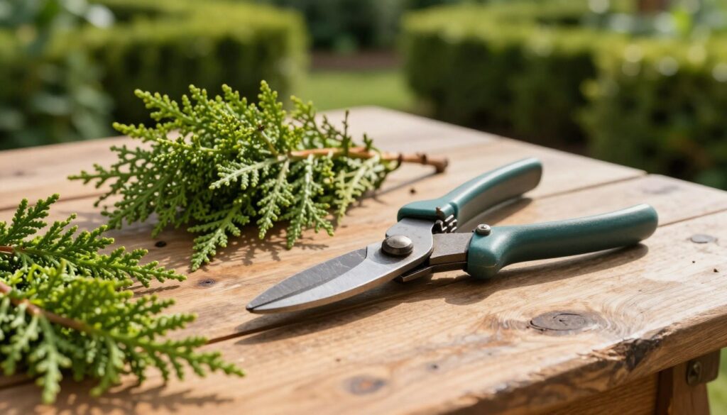 A well-worn pair of hedge shears resting on a rustic wooden table, surrounded by freshly cut green tufts of Thuja Brabant. The foreground features the gleaming blades of the shears, capturing the sunlight and reflecting it softly. In the middle, the lush green clippings create a vibrant contrast against the natural wood of the table, evoking a sense of recent gardening activity. The background shows a blurred garden scene with rich, green hedge rows, emphasizing the tool's purpose. The mood is fresh and invigorating, with warm, natural lighting that highlights the details of the shears and foliage. The angle is slightly overhead for a dynamic perspective, ensuring the image feels immersive and focused.