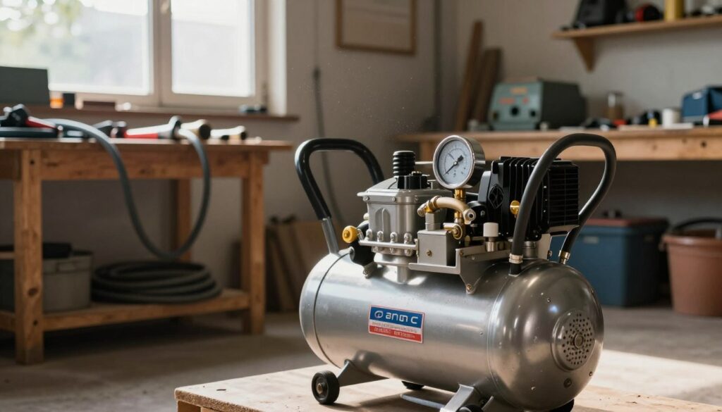 An oil compressor set in a well-lit workshop environment. In the foreground, the focus is on a robust, shiny oil compressor with a clear pressure gauge, sleek metallic body, and visible pneumatic hoses, showcasing its design and functionality. In the middle ground, wooden workbenches cluttered with tools and air hoses enhance the workshop setting, while a shadowy corner hints at a more spacious area filled with equipment. In the background, large windows let in soft, natural light, illuminating dust particles in the air, providing a warm and industrious atmosphere. The overall mood conveys reliability and efficiency, emphasizing the compressor's advantages as a practical choice for home, workshop, and garden use. The angle captures both the details of the compressor and the workshop ambiance.