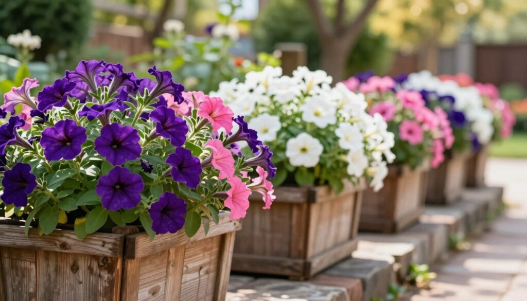Colorful petunias in vibrant shades of purple, pink, and white overflowing from rustic wooden planters, arranged in a sunny outdoor setting. The foreground features lush, healthy flowers spilling over the edges, showcasing their delicate petals and rich green foliage. In the middle ground, the planters are neatly lined on a weathered stone surface, hinting at the ideal environment for planting. The background fades into a soft, blurred garden scene with hints of greenery and sunlight filtering through trees, creating a warm, inviting atmosphere. The image is well-lit, capturing the brilliance of the flowers, with a shallow depth of field to emphasize the planters and their vibrant contents.