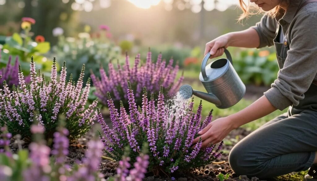 Lush, vibrant heather plants are being carefully watered in a serene garden setting. In the foreground, a gardener in modest, casual clothing kneels beside a cluster of blooming heather, using a watering can to nourish the vibrant purple and pink flowers. The middle layer features a variety of heather shrubs in full bloom, showcasing their delicate petals and rich green foliage. In the background, soft sunlight filters through a light mist, illuminating the scene and creating a warm, inviting atmosphere. The focus is sharp on the heather and gardener, capturing the essence of nurturing plant care, while the bokeh effect gently blurs the distant garden landscape, creating depth. The overall mood is peaceful and harmonious, embodying the joy of gardening.