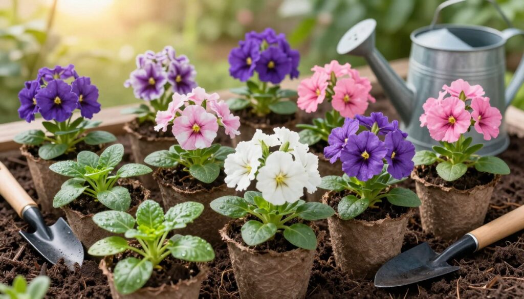 Vibrant and healthy seedlings of Surfinias, their delicate petals in shades of purple, pink, and white, arranged neatly in biodegradable pots on a rich, dark soil background. In the foreground, the seedlings display lush green leaves, showing signs of recent watering. The middle layer includes gardening tools like a trowel and watering can, suggesting care and preparation. The background features a soft-focus garden setting with sunlight streaming through, creating a warm and inviting atmosphere. The scene is bathed in natural light, enhancing the colors of the flowers and emphasizing the freshness of the soil. Capture this scene from a slightly elevated angle to provide a comprehensive view, evoking a sense of nurturing and growth.